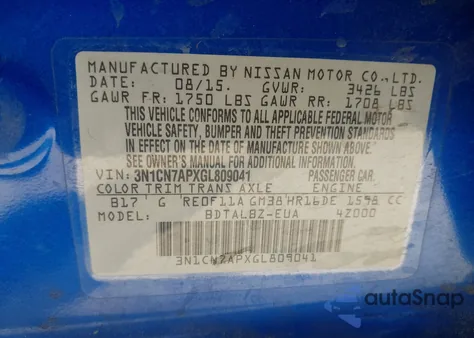 2016 Nissan Versa 1.6 S/1.6 S+/1.6 Sl/1.6 Sv z USA, uszkodzony, nr VIN 3N1CN7APXGL809041